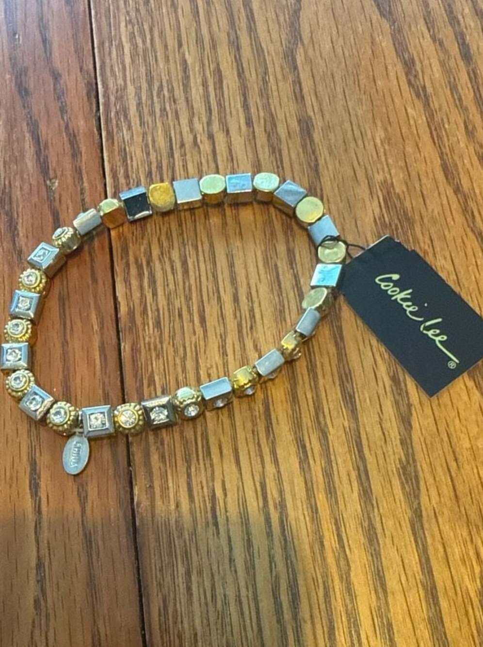 Cookie Lee Two-Tone Silver and Gold Plated Rhinestone Square Gem Stretch Bracele